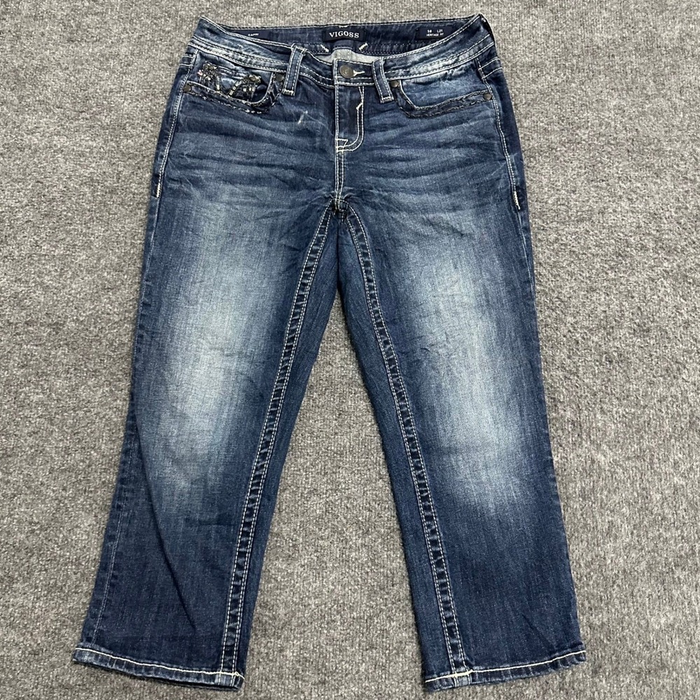 Vigoss Jeans Womens Size 8 Blue Heritage Fit Embellished Thick Stitch Cropped